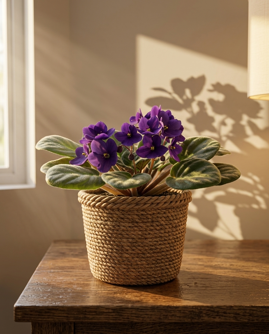 African Violet in a Japandi interior — warm golden hour light on a wooden table