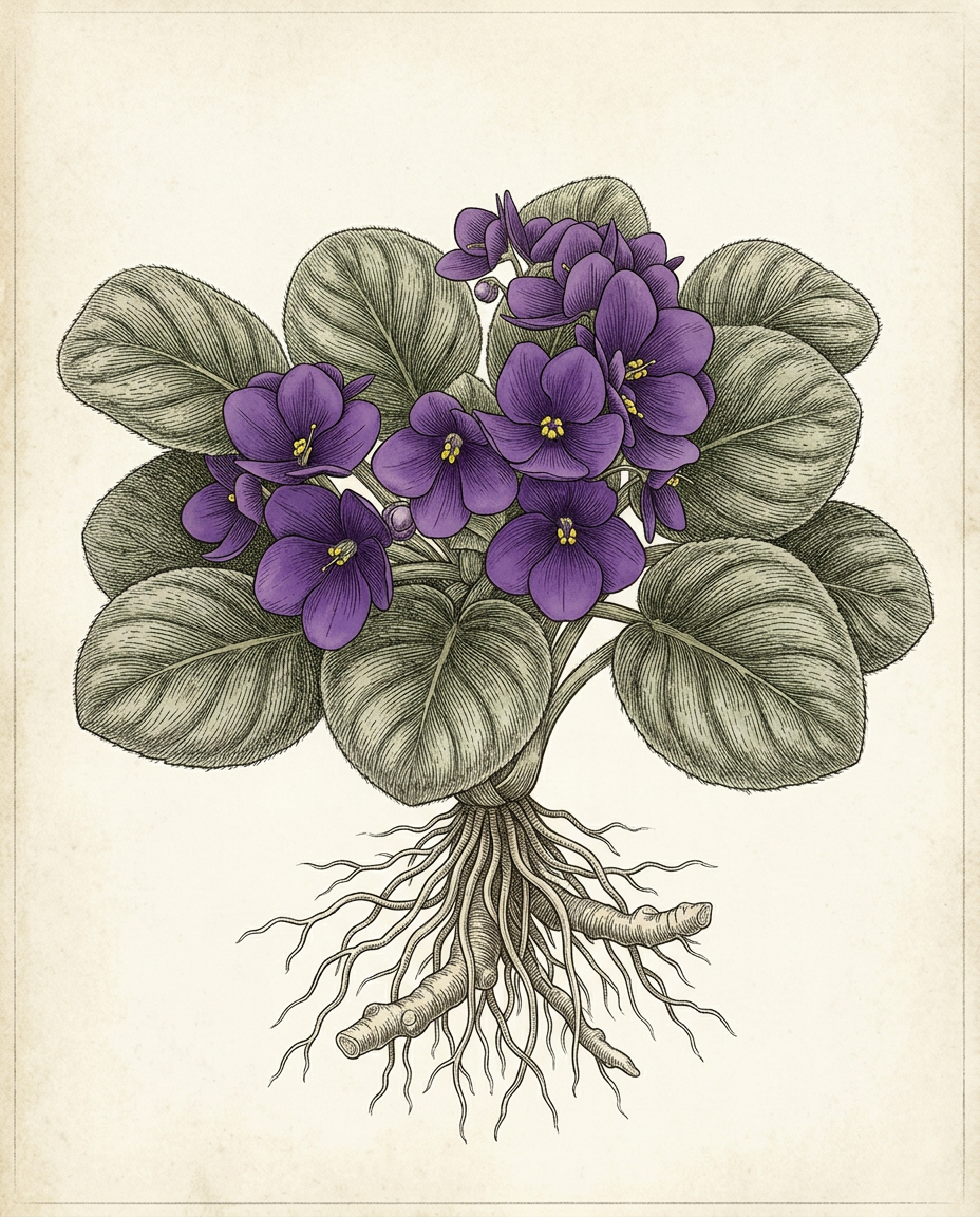 Botanical plate — African Violet with purple flowers and fuzzy leaves