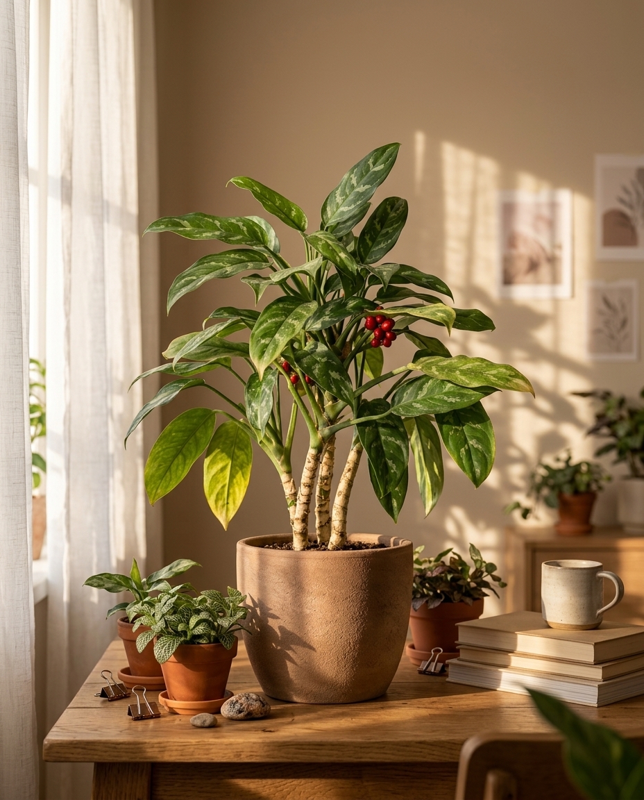 Aglaonema in a sunlit Japandi interior — Aglaonema modestum potted on a warm wooden table