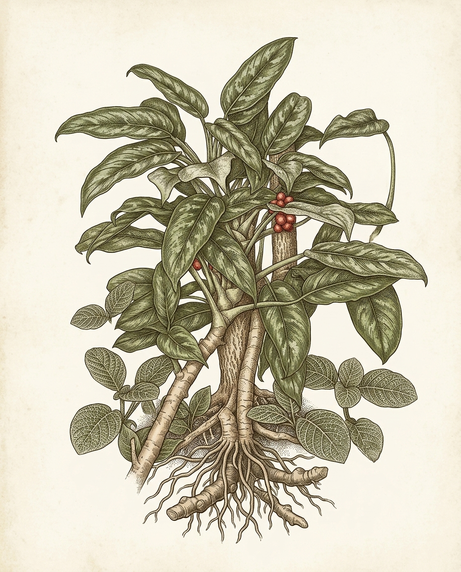 Botanical plate — Aglaonema with broad lance-shaped leaves marked in silver and green
