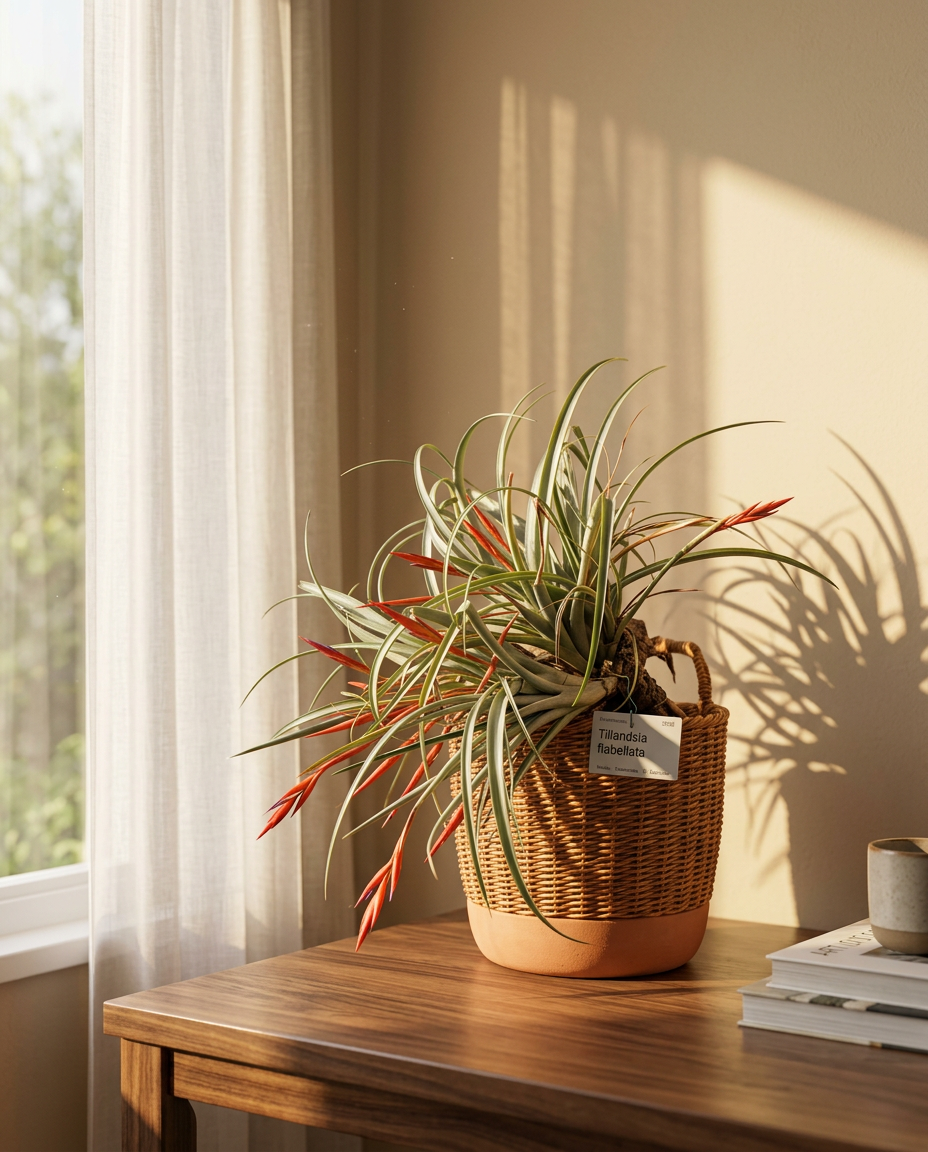 Air plant photographed in a sunlit interior on a wooden side table