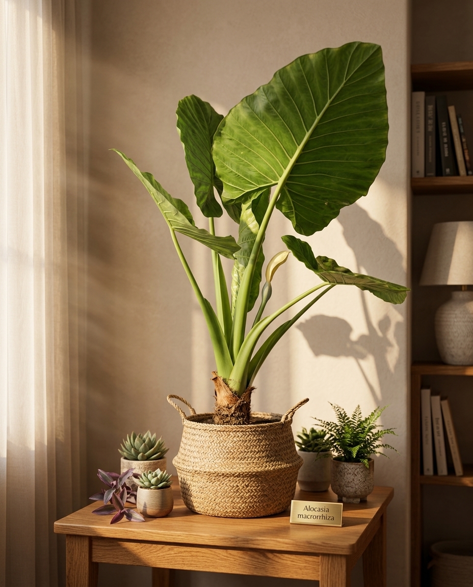 Alocasia photographed in a sunlit interior in a terracotta pot beside a window