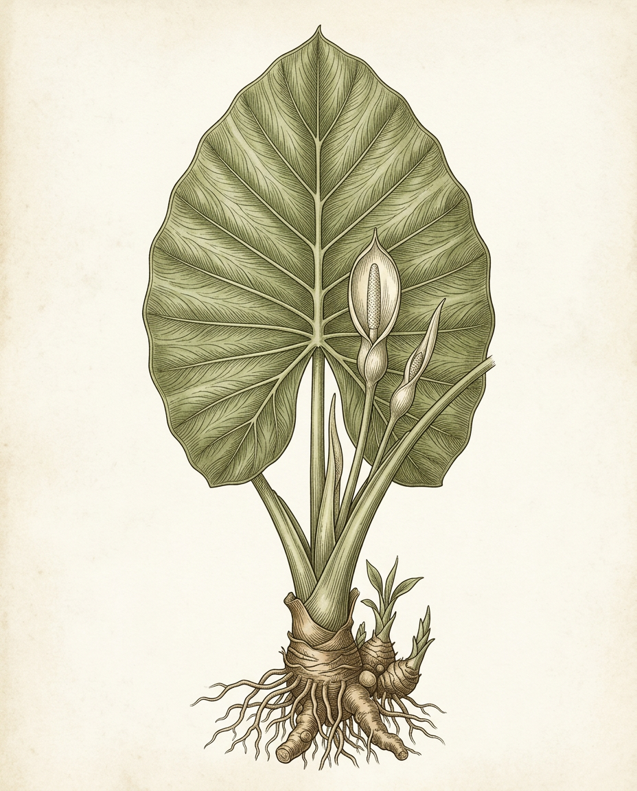 Botanical plate — Alocasia, large arrowhead-shaped glossy dark green leaves with pale veining on tall petioles