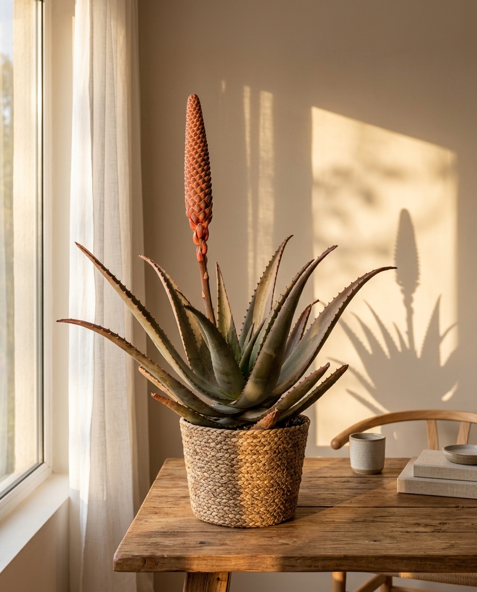 Aloe Vera in a sunlit Japandi interior — Aloe vera potted on a warm wooden table