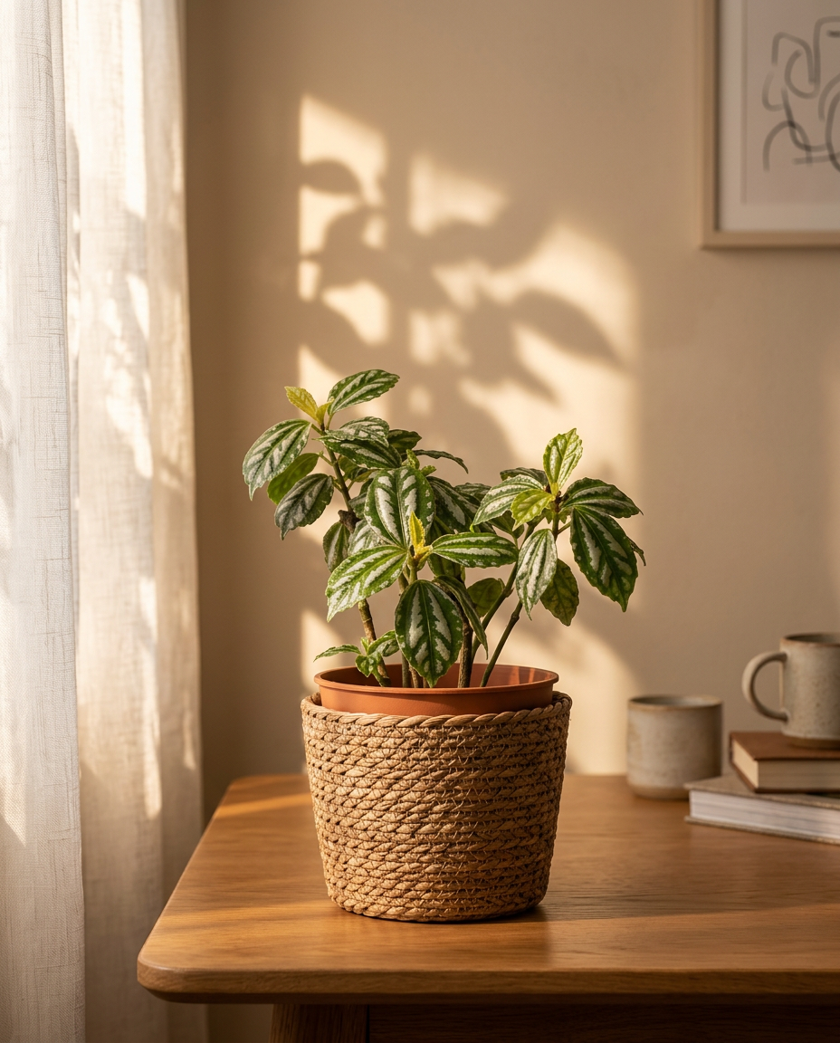 Aluminum Plant photographed in a ceramic pot on a sunlit windowsill in a calm interior