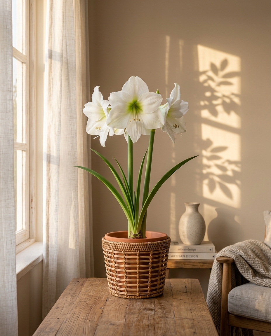 Amaryllis photographed in a sunlit interior beside a wooden side table