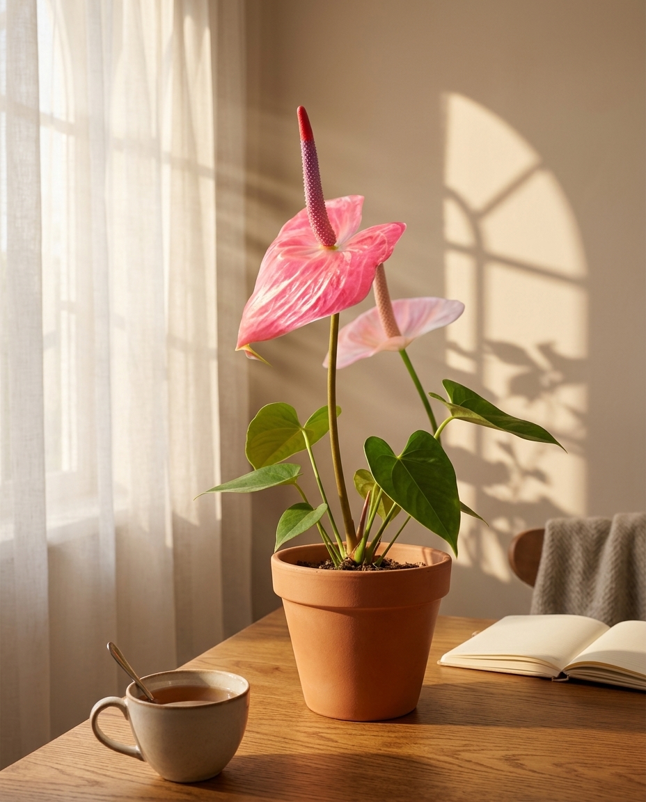 Anthurium in a sunlit Japandi interior — Anthurium scherzerianum potted on a warm wooden table