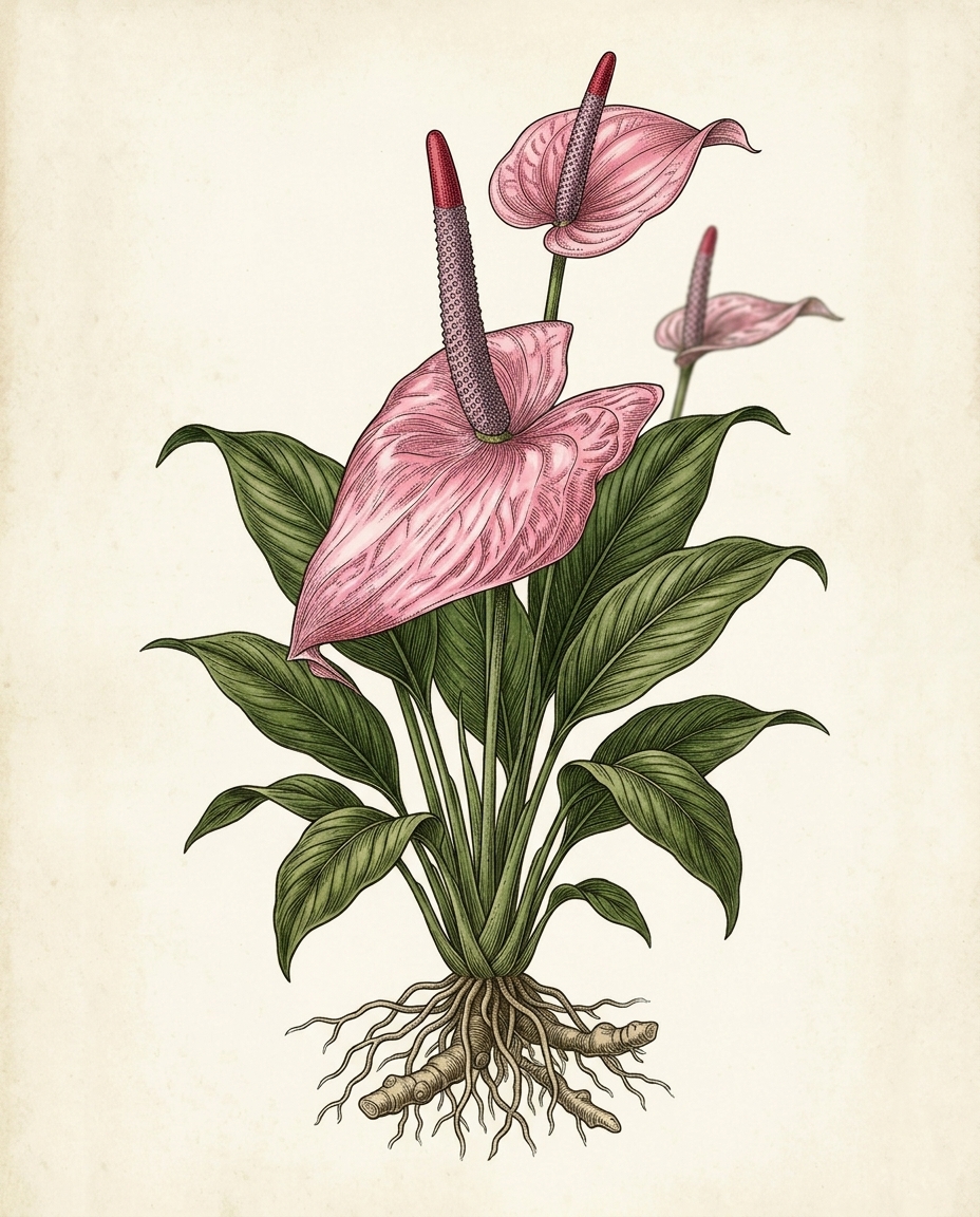 Botanical plate — Anthurium with a glossy red heart-shaped spathe and upright spadix