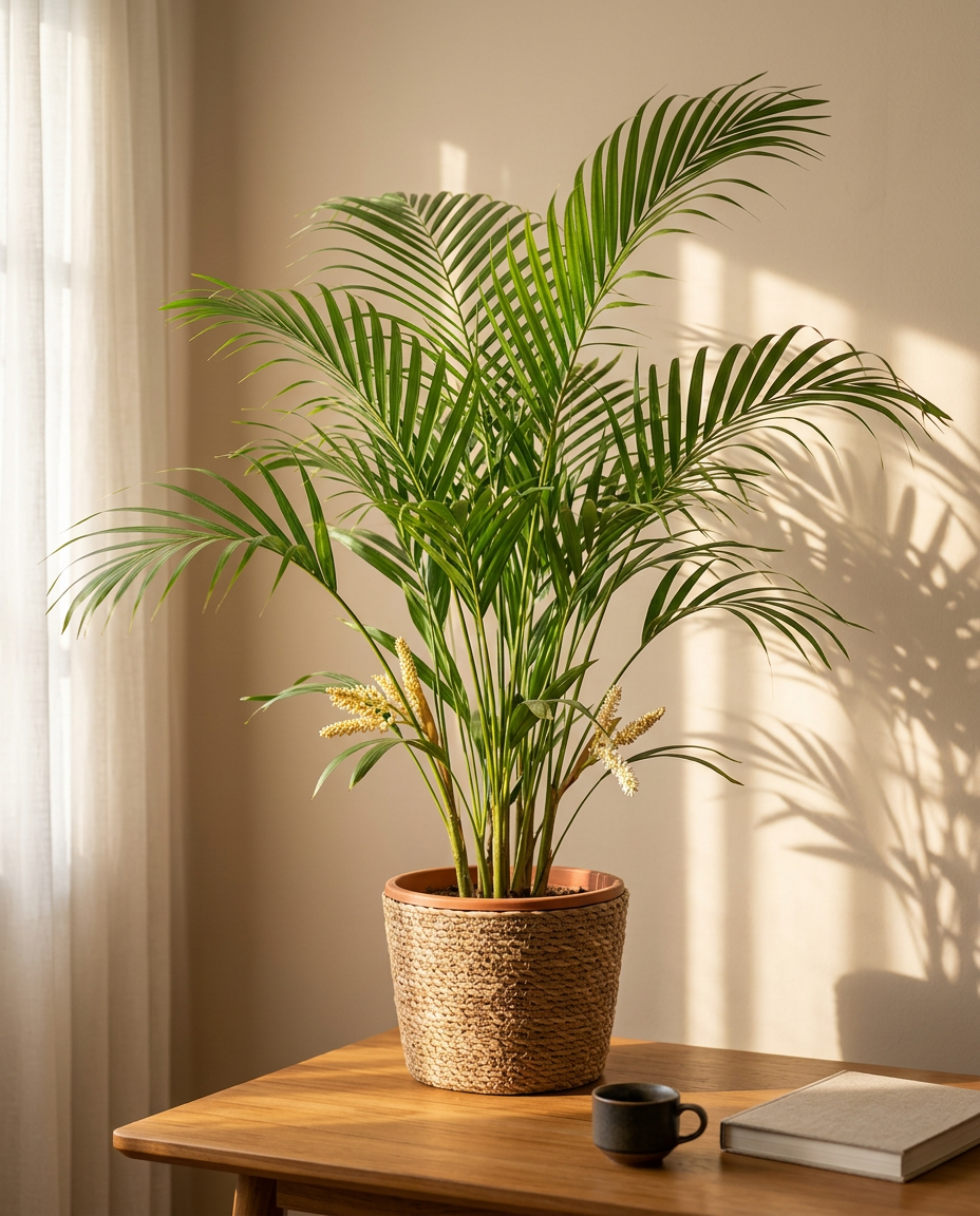 Areca Palm in a sunlit Japandi interior — Dypsis lutescens potted on a warm wooden table