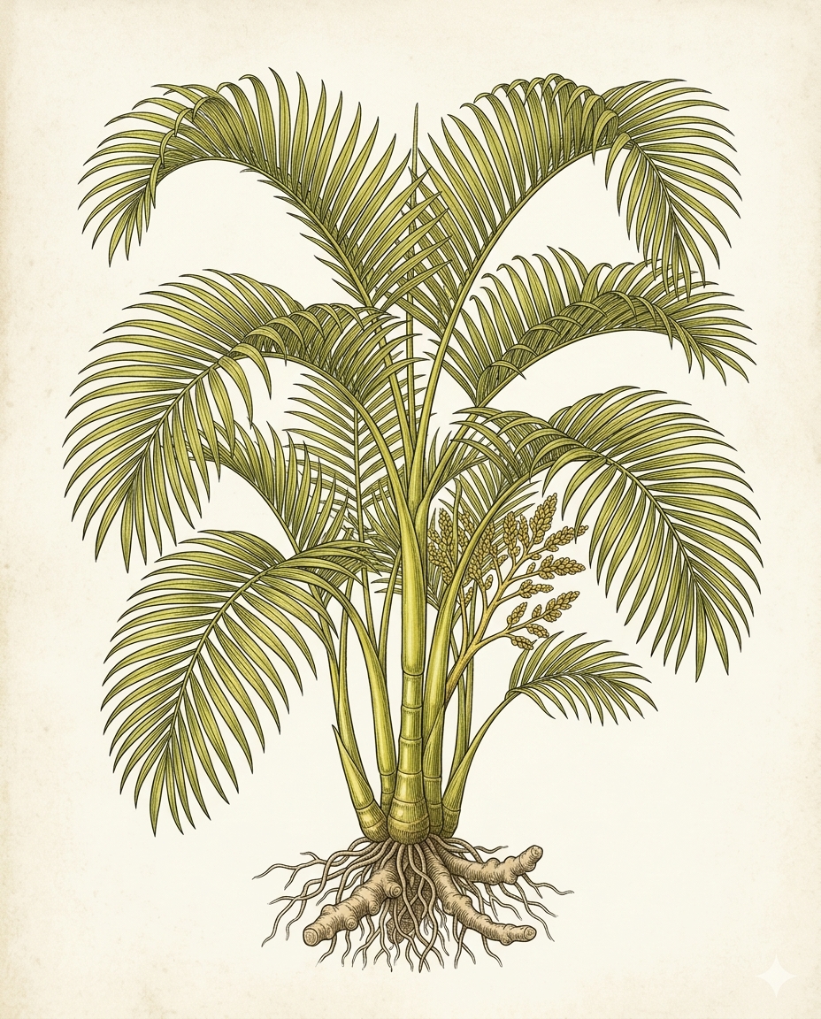 Botanical plate — Areca Palm with arching feathery fronds rising from clustered cane stems