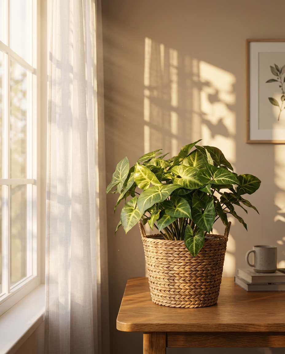 Arrowhead vine photographed in a sunlit interior trailing from a ceramic pot on a shelf