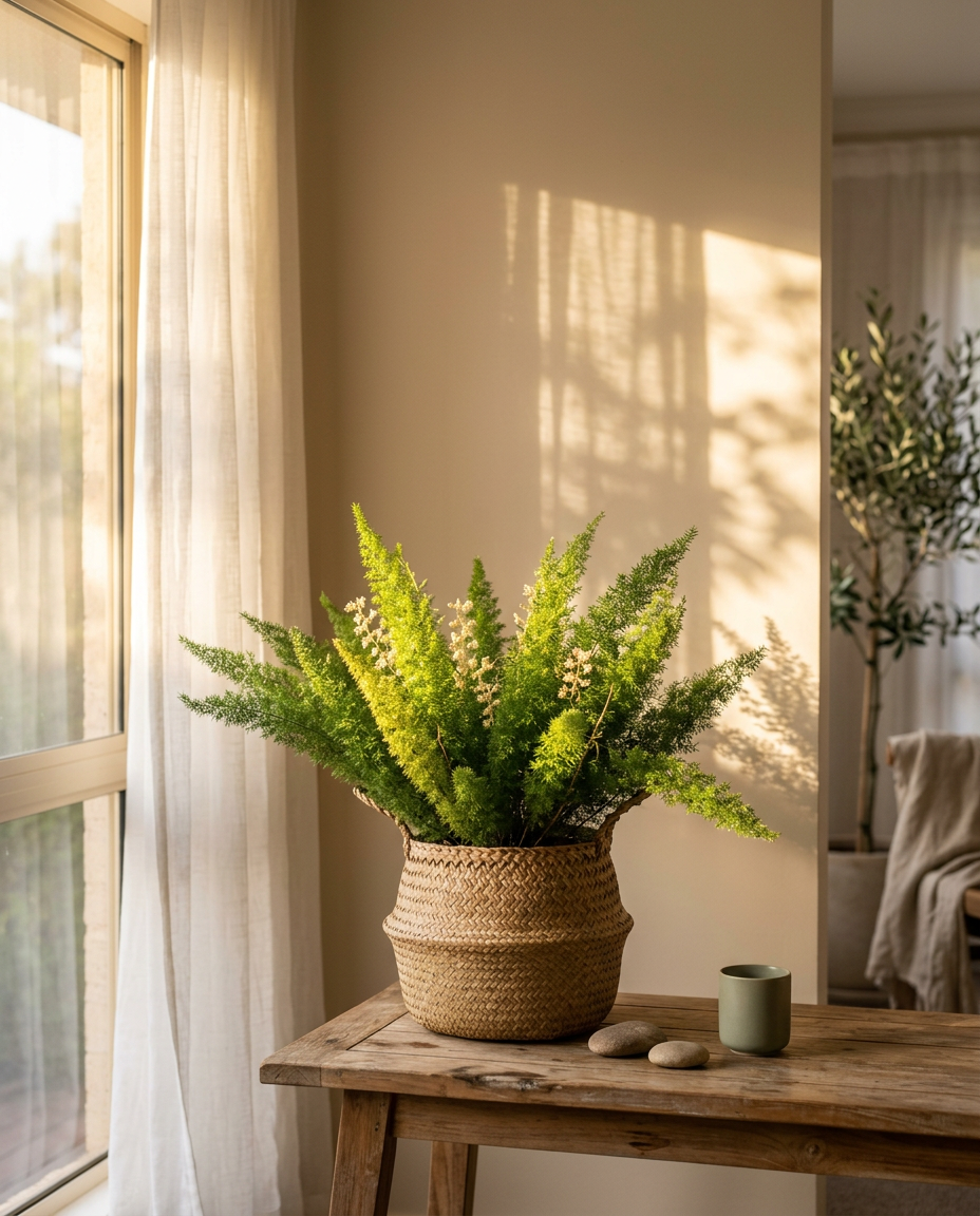Asparagus Fern in a sunlit Japandi interior — Asparagus densiflorus potted on a warm wooden table
