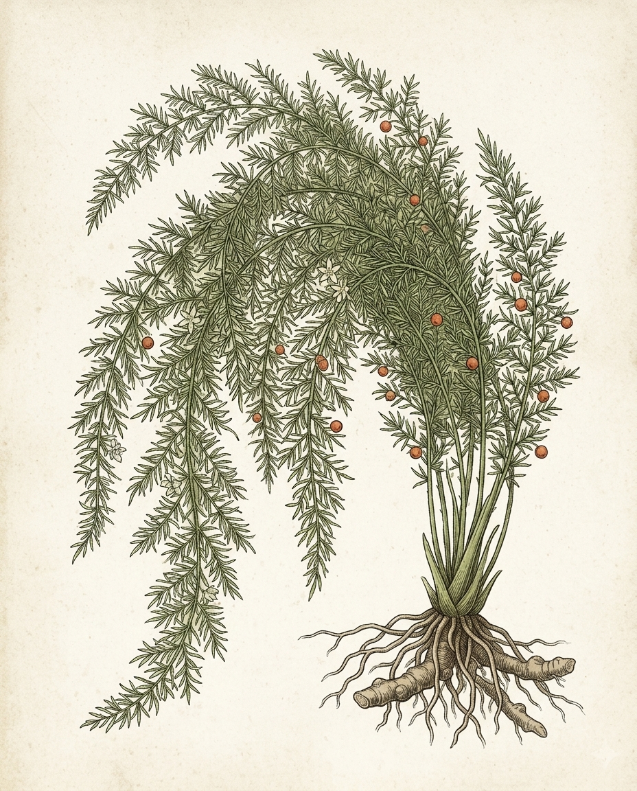 Botanical plate — Asparagus Fern with feathery needle-like foliage and small red berries