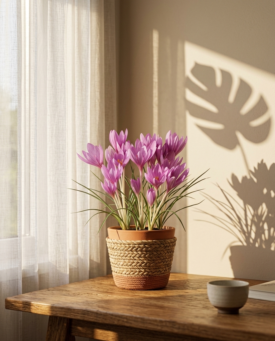 Autumn Crocus photographed in a sunlit interior on a stone windowsill