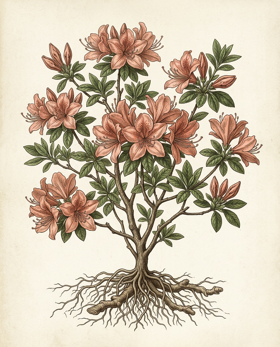 Botanical plate — Azalea, funnel-shaped pink flowers above lance-shaped evergreen leaves