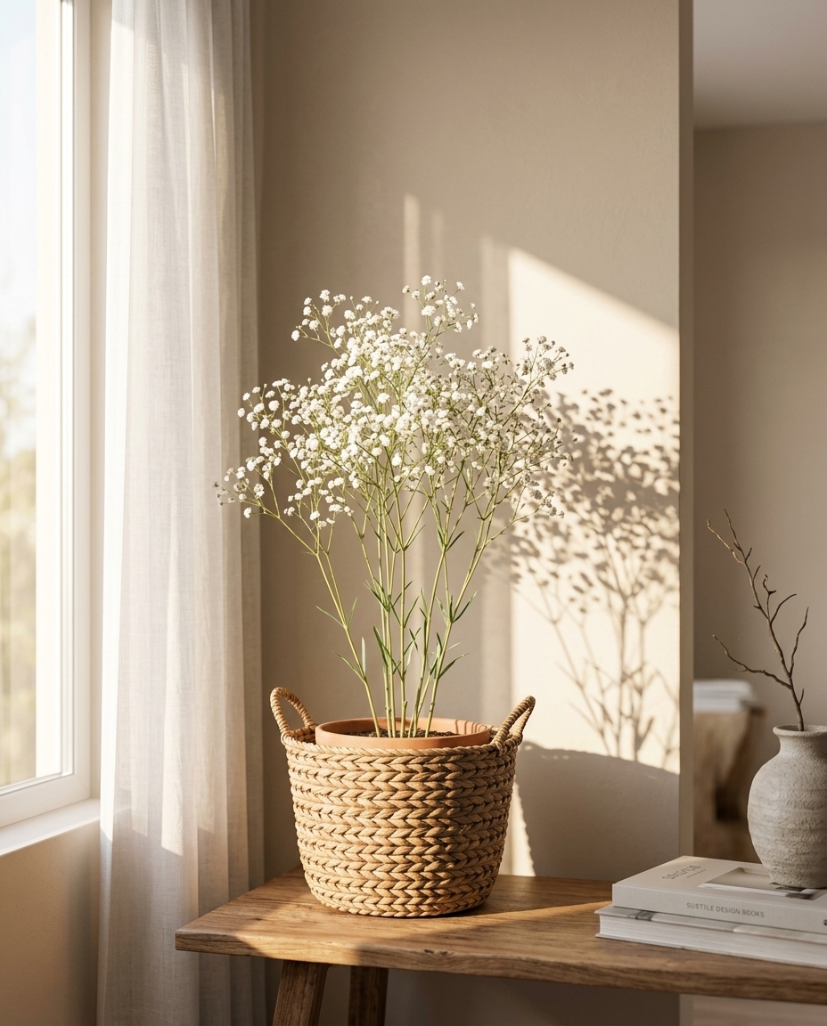 Baby's Breath photographed in a sunlit interior in a clear glass vase