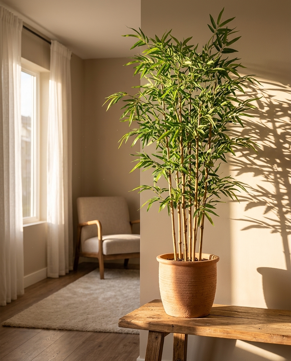 Bamboo in a sunlit Japandi interior — Phyllostachys aurea potted on a warm wooden table