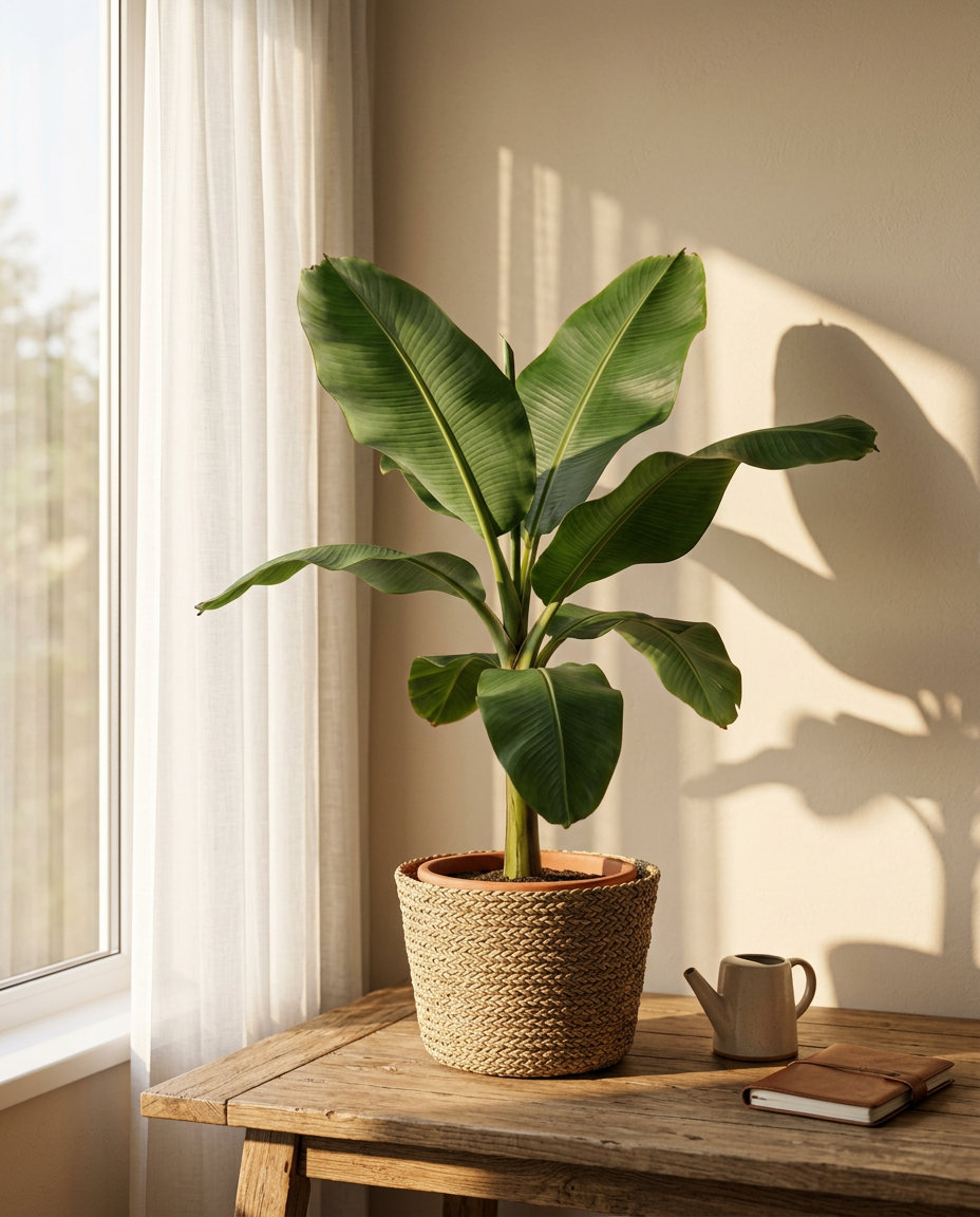 Banana plant with large green leaves in a bright sunlit living room