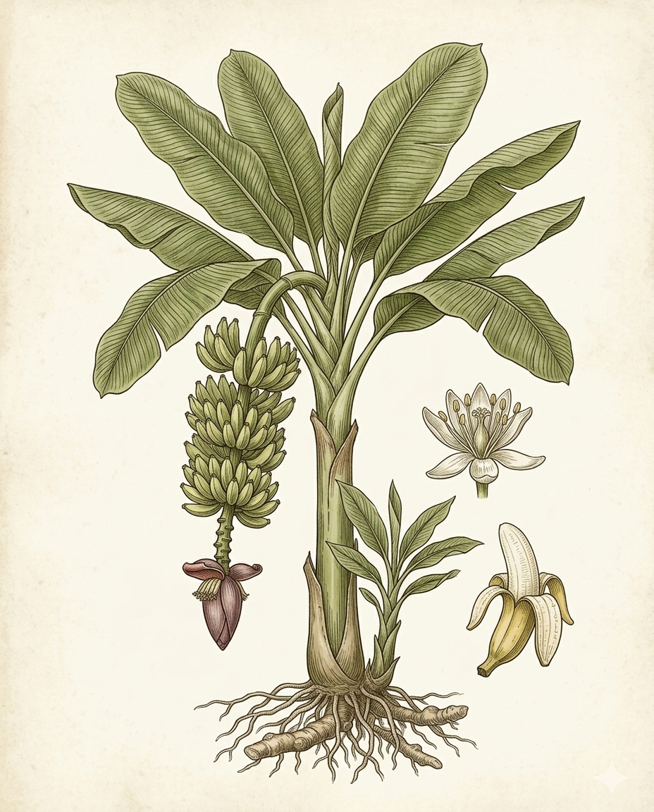 Botanical plate — Banana plant with broad paddle leaves and a hanging hand of fruit