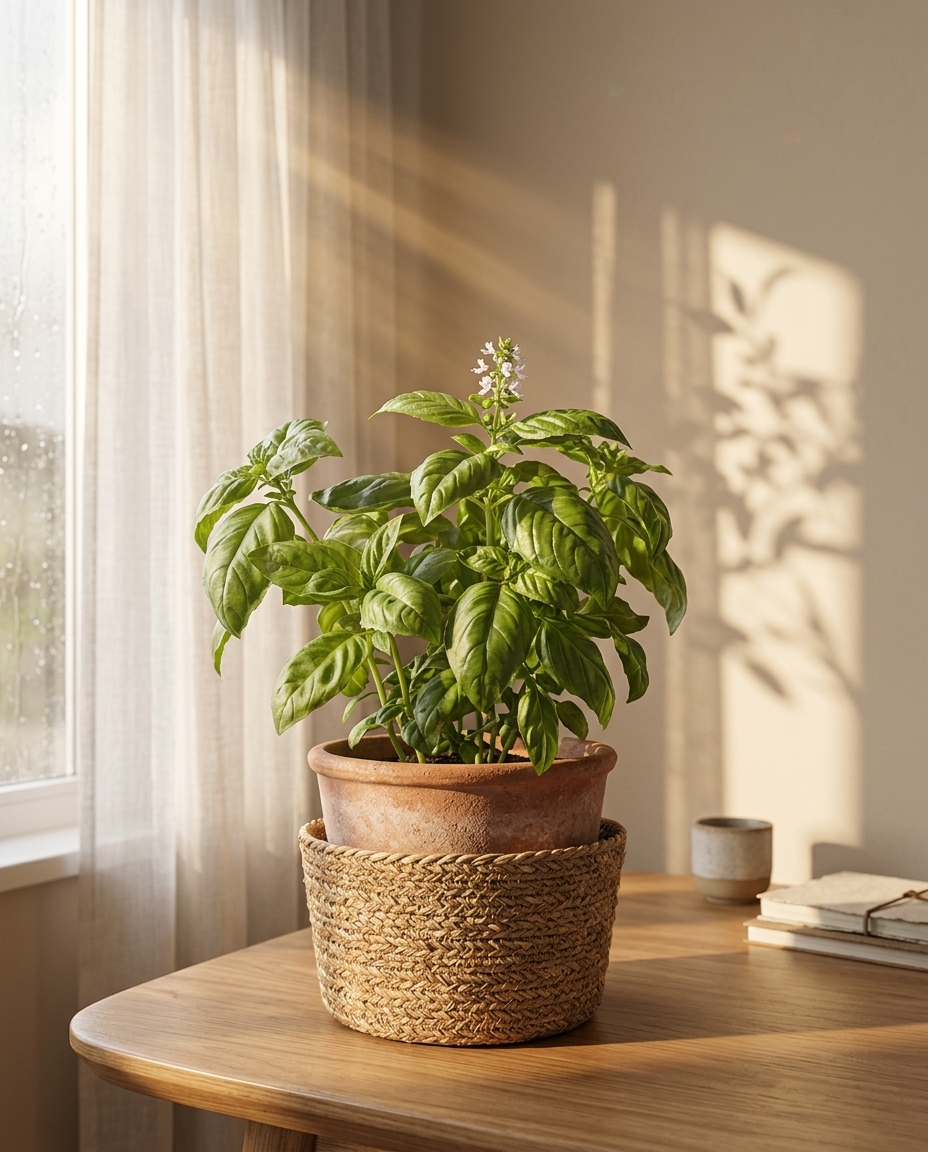 Basil in a sunlit Japandi interior — Ocimum basilicum potted on a warm wooden table
