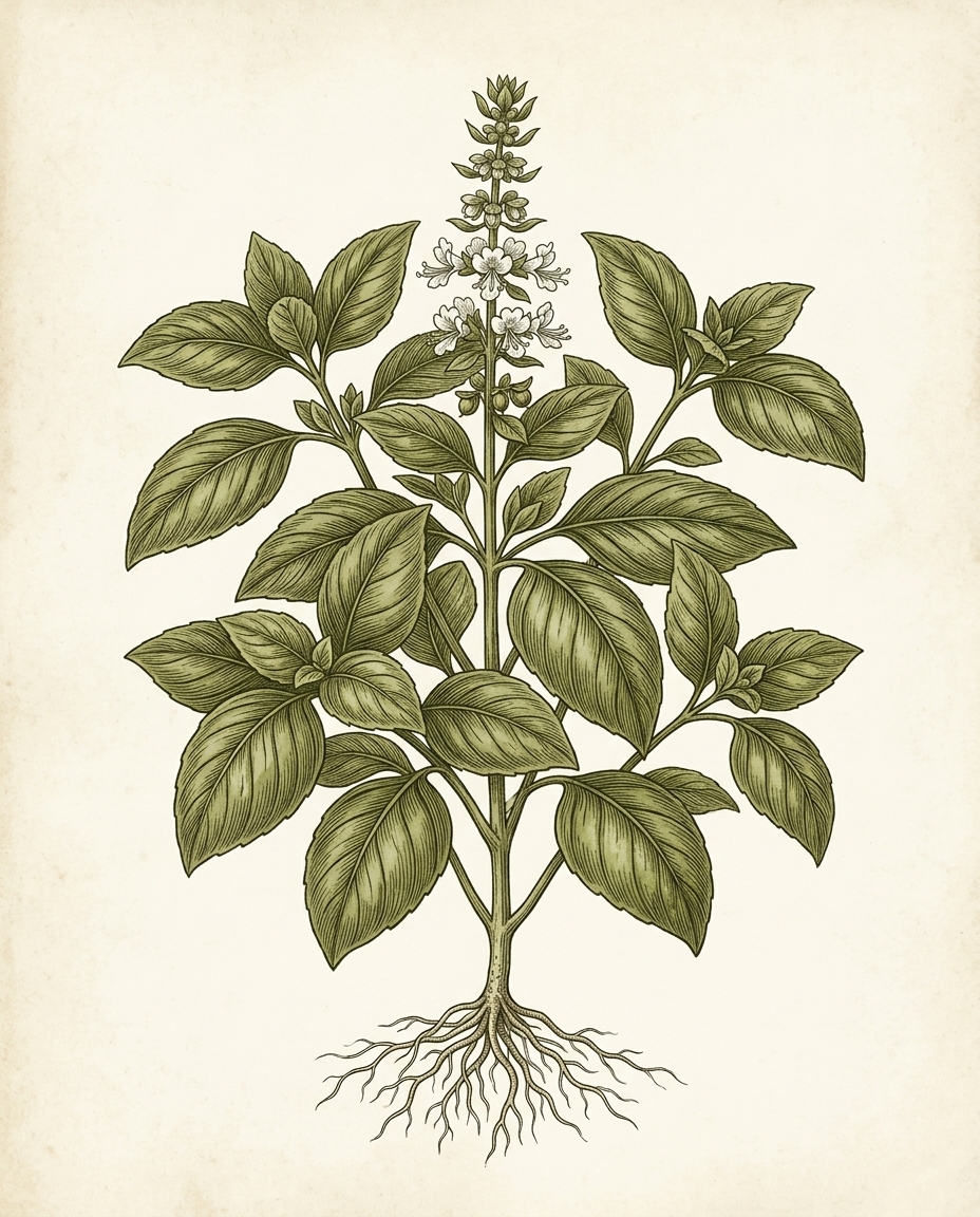 Botanical plate — Basil with broad aromatic leaves and a spike of small white flowers