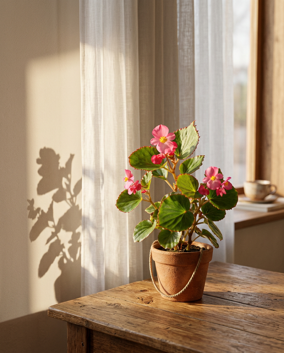 Begonia in a sunlit Japandi interior — Begonia spp. potted on a warm wooden table