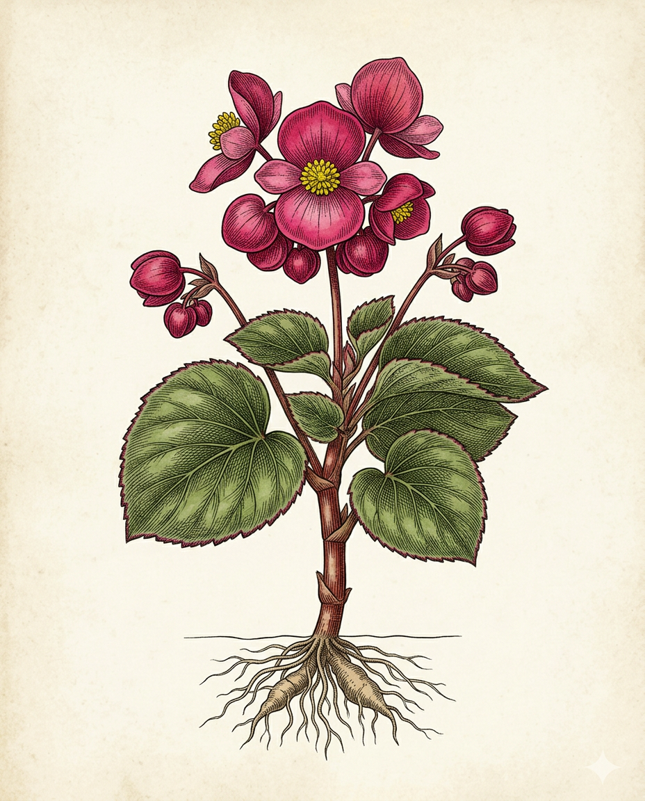Botanical plate — Begonia with asymmetric patterned leaves and clustered flowers