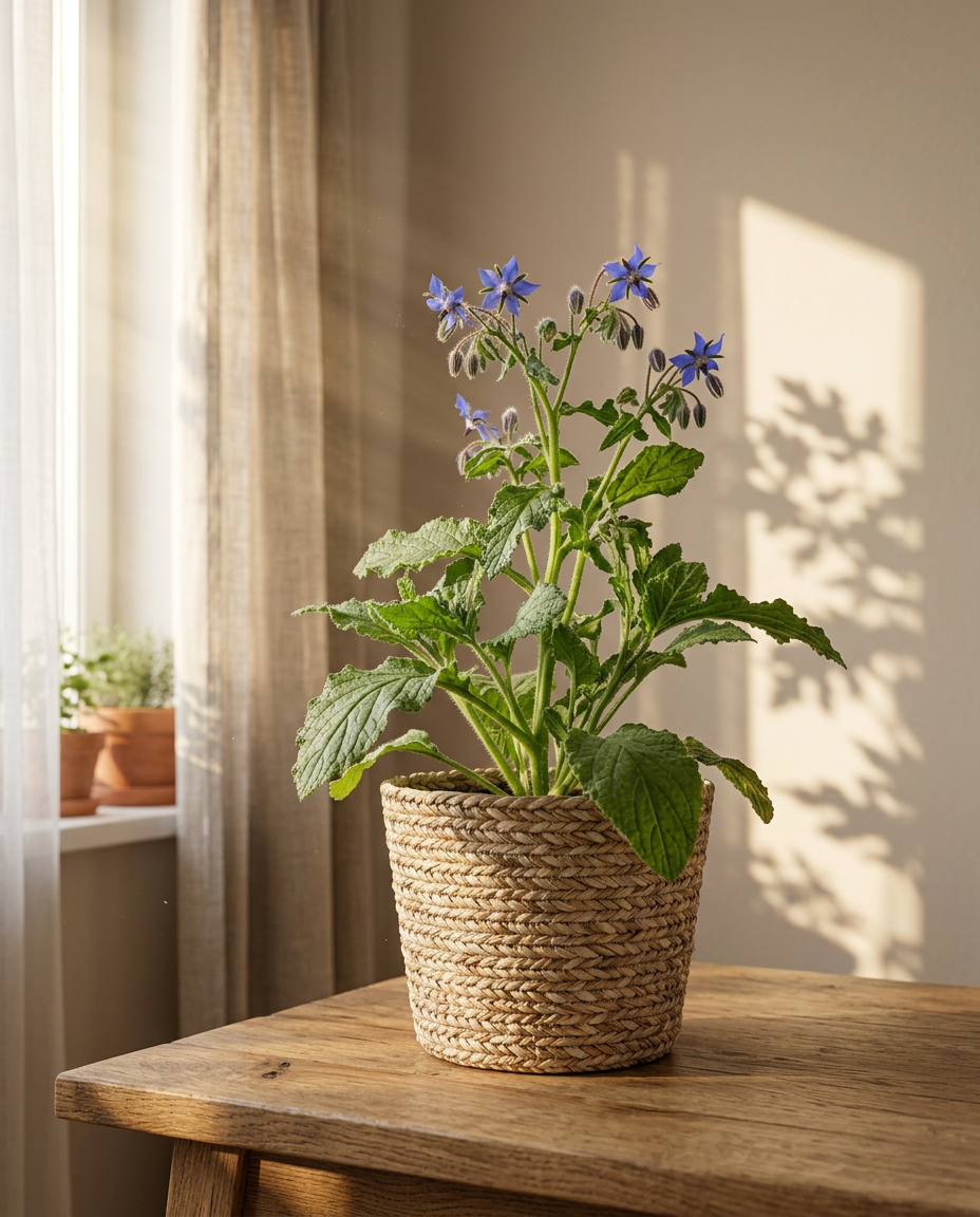 Borage growing in a herb garden with bright blue star flowers and hairy leaves