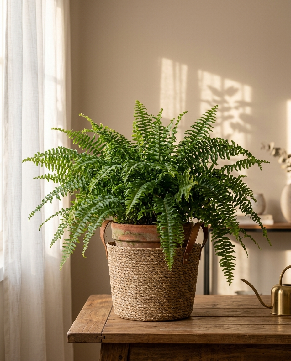 Boston Fern in a sunlit Japandi interior — Nephrolepis exaltata potted on a warm wooden table