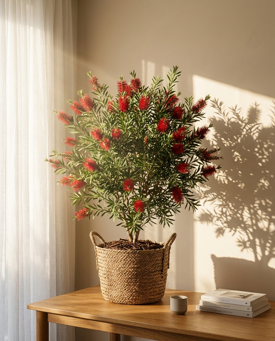 Potted bottlebrush shrub with red flower spikes beside a sunlit patio door
