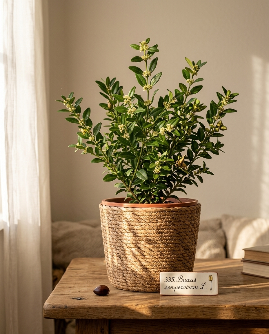 Boxwood hedge photographed in a sunlit garden setting