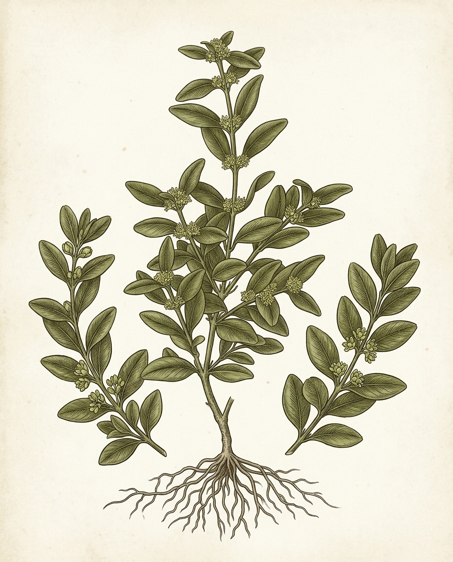Botanical plate — Boxwood, dense small-leaved evergreen shrub clipped into a hedge form