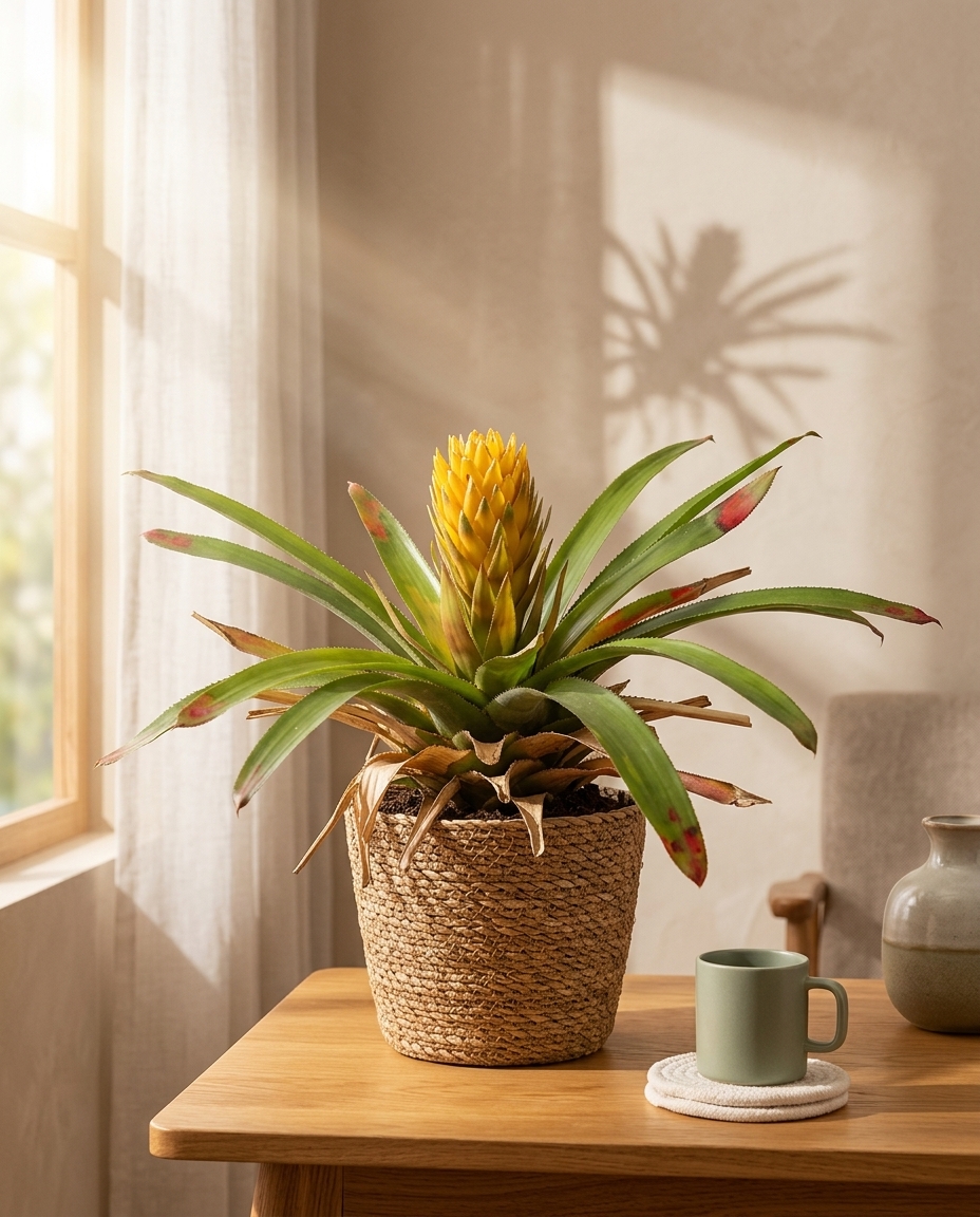 Bromeliad in a sunlit Japandi interior — Bromeliaceae potted on a warm wooden table