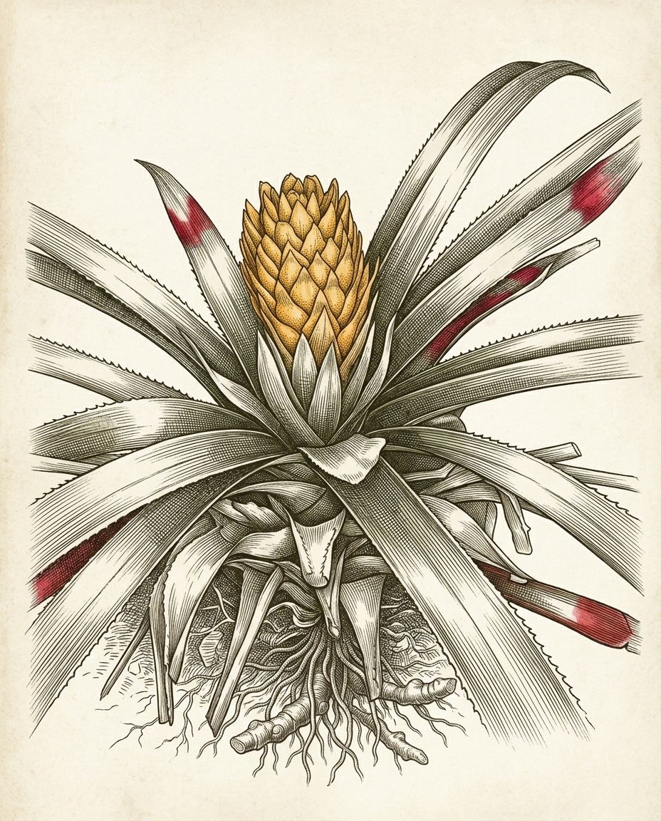 Botanical plate — Bromeliad with a rosette of strappy leaves and a bright central flower bract