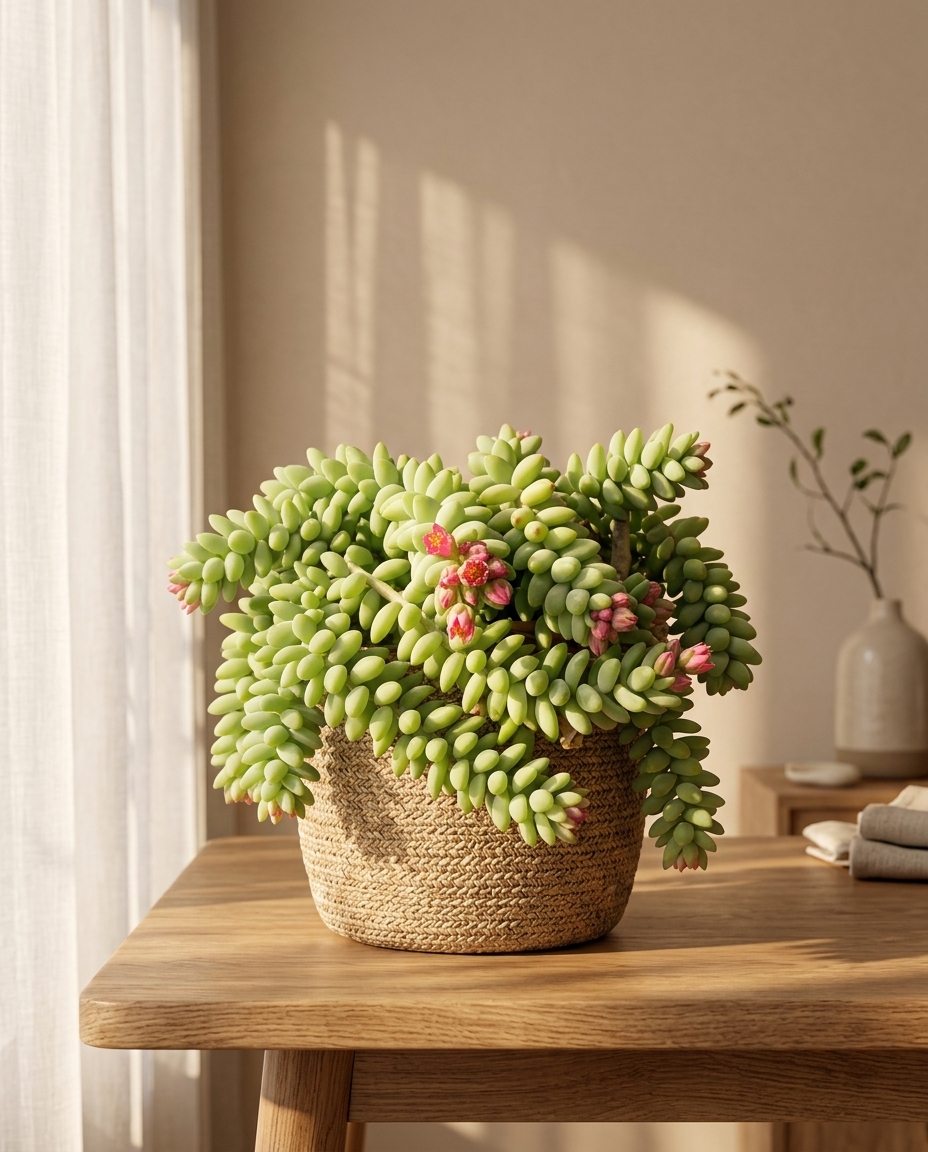 Burro's Tail succulent photographed trailing from a macramé hanger in a sunlit interior