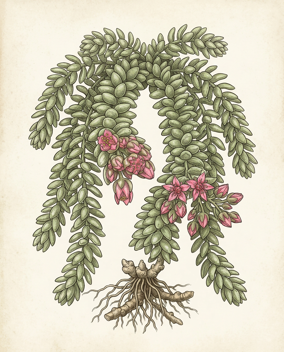 Botanical plate — Burro's Tail with long trailing stems densely packed with overlapping plump blue-green leaves