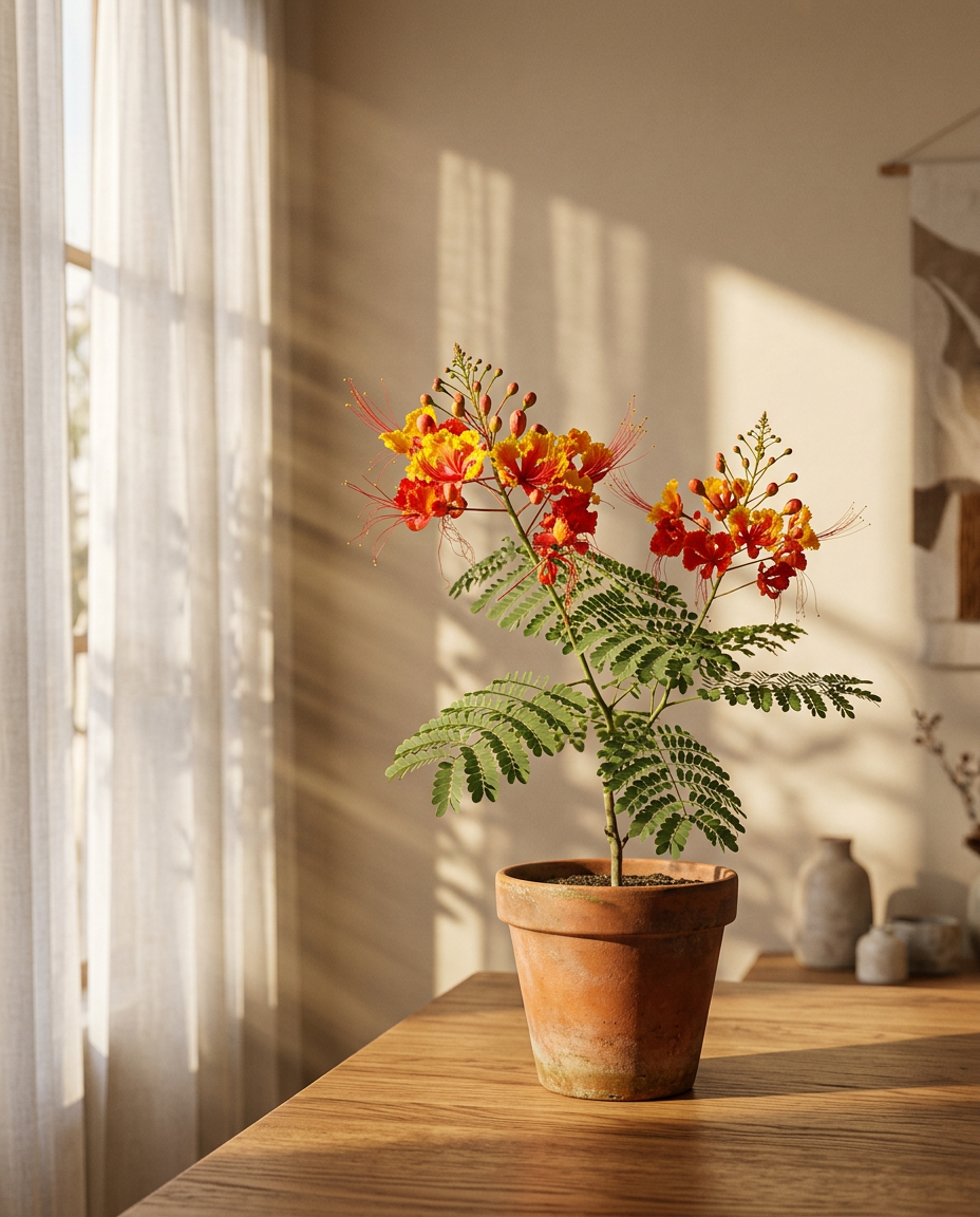 Mexican Bird of Paradise photographed in a sunlit interior