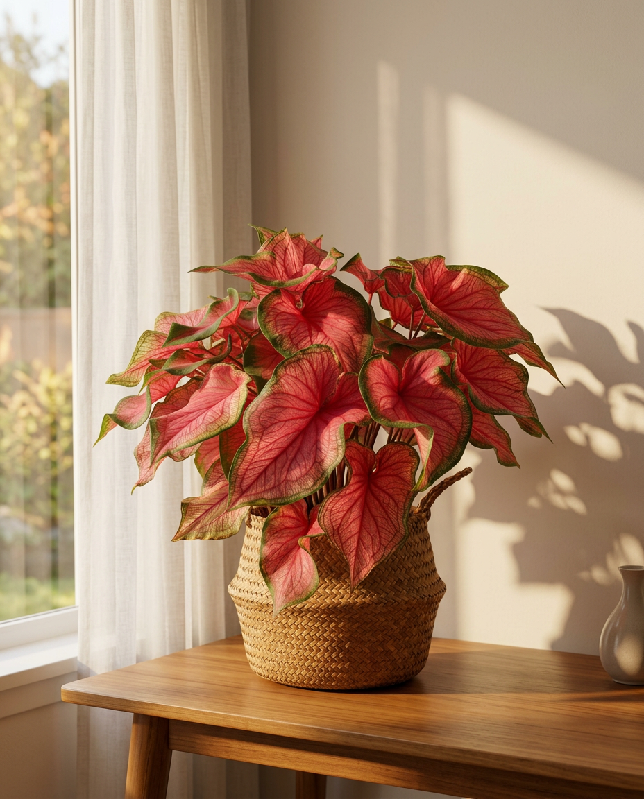 Caladium photographed in a sunlit interior in a ceramic pot