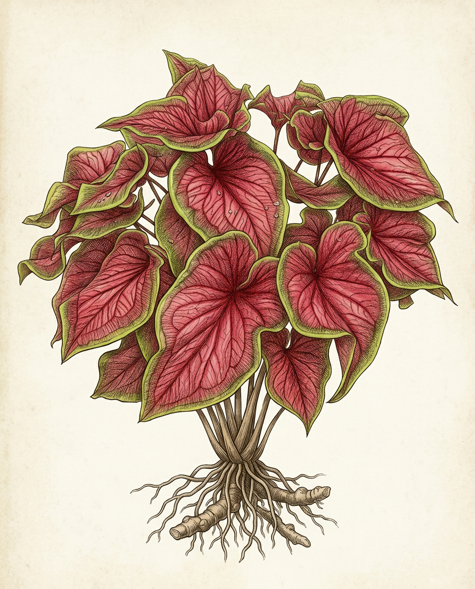 Botanical plate — Caladium, heart-shaped leaves painted in white, pink, and green