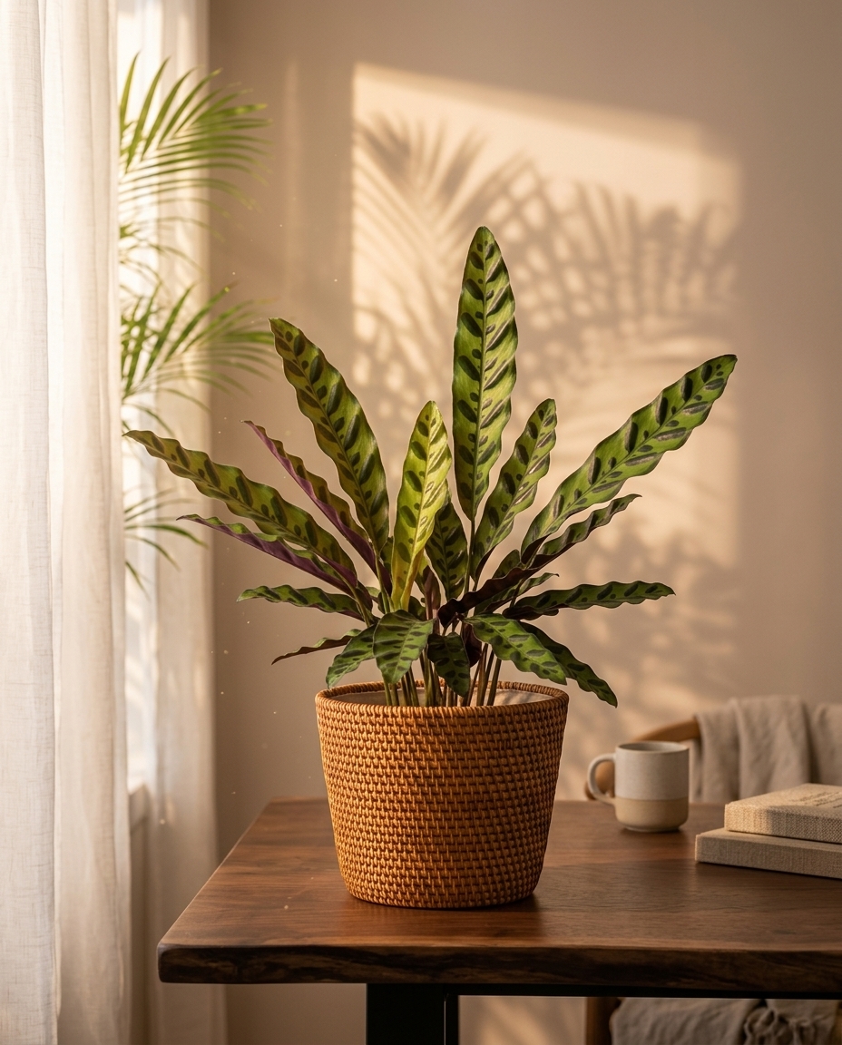 Calathea in a sunlit Japandi interior — Calathea orbifolia potted on a warm wooden table