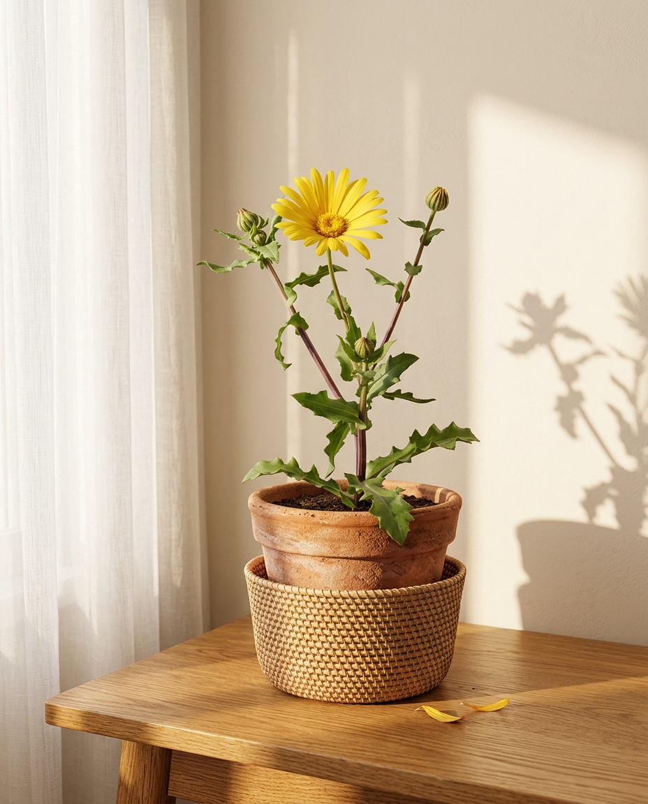 Calendula in a sunny windowsill pot with orange blooms in a bright kitchen