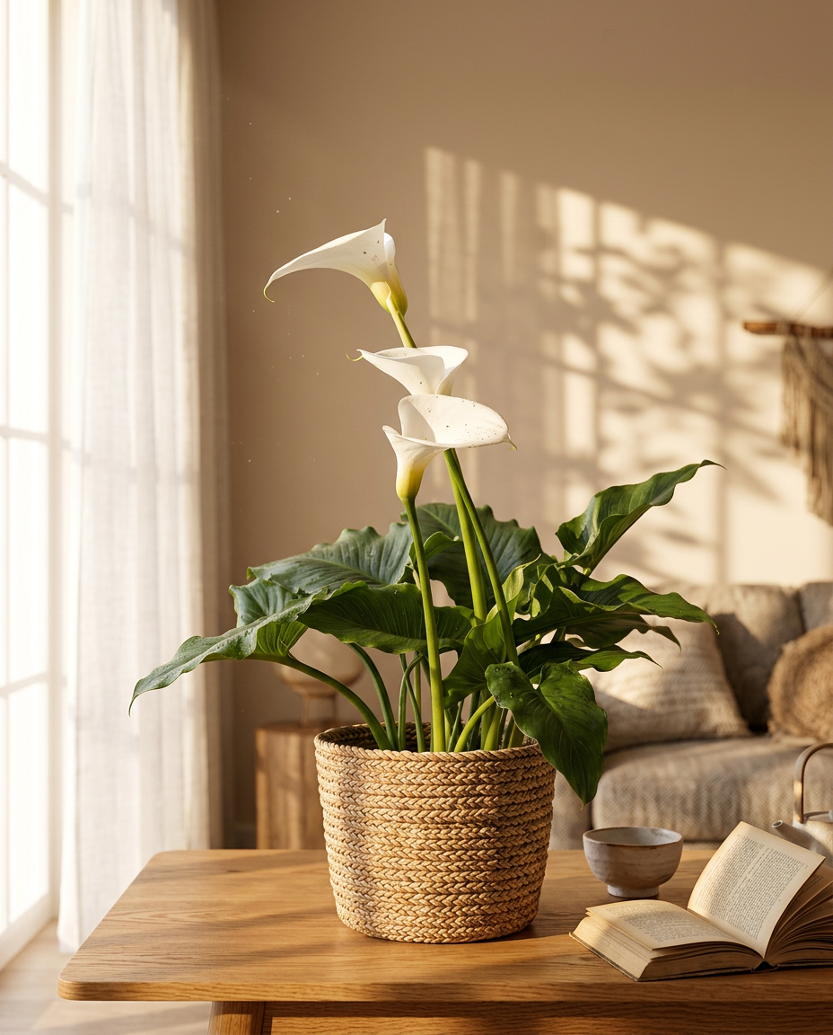 Calla Lily in a sunlit Japandi interior — Zantedeschia aethiopica potted on a warm wooden table