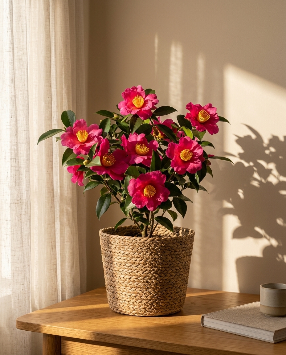 Camellia photographed in a sunlit conservatory beside a tall window