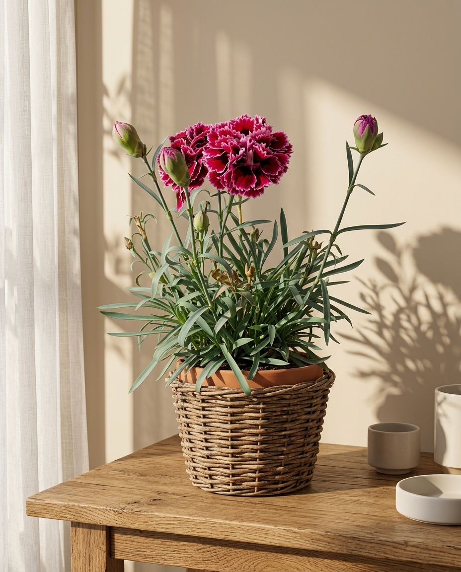 Carnation stems photographed in a sunlit interior in a clear vase