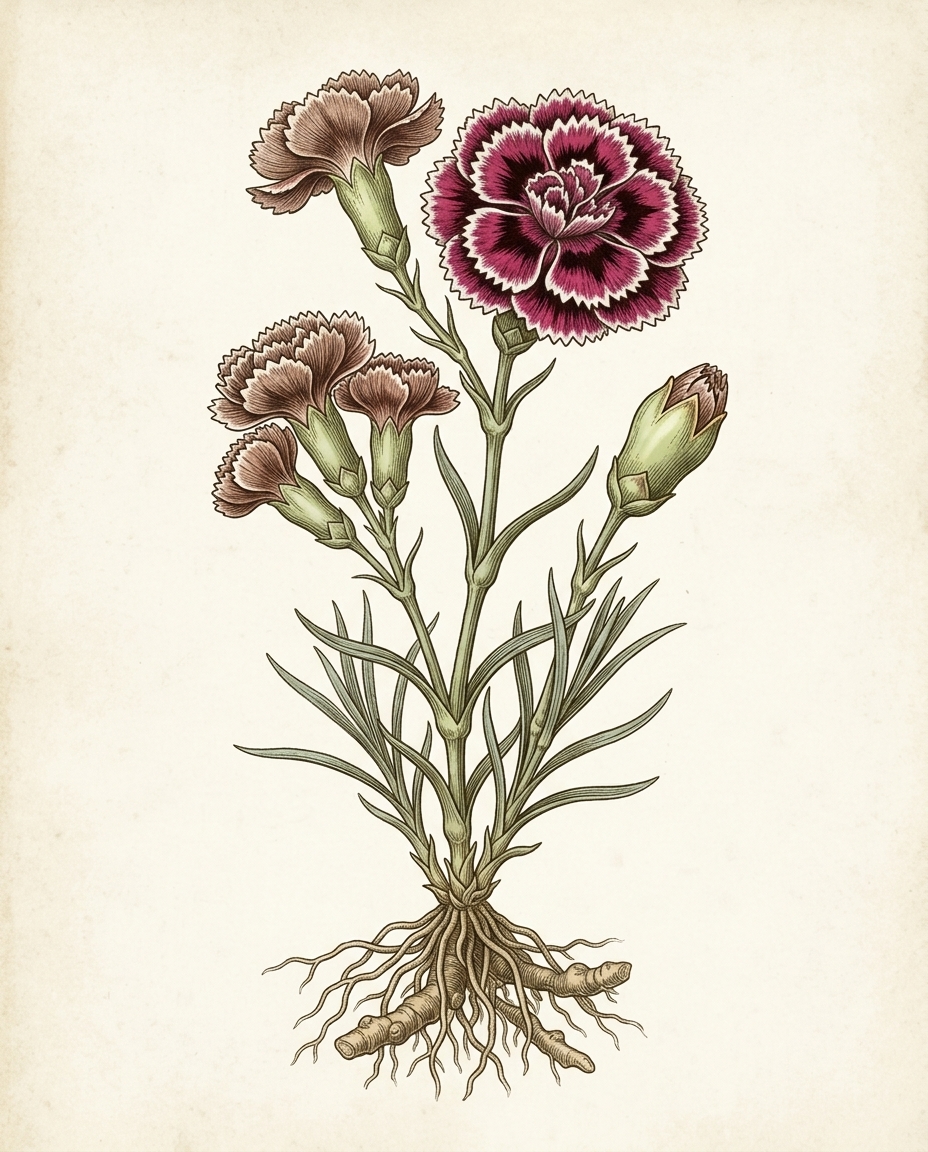 Botanical plate — Carnation, fringed double flower head on a long stem with narrow blue-grey leaves