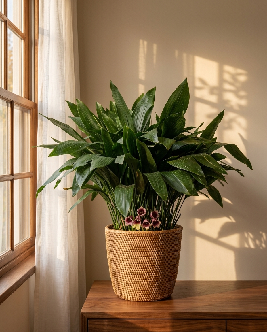 Cast-Iron Plant in a sunlit Japandi interior — Aspidistra elatior potted on a warm wooden table