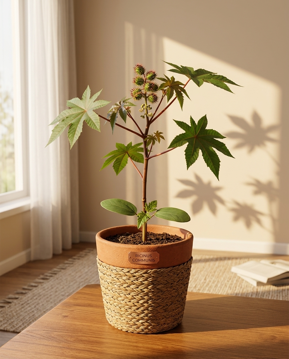 Castor bean plant photographed in a sunlit ornamental garden with red leaves prominent