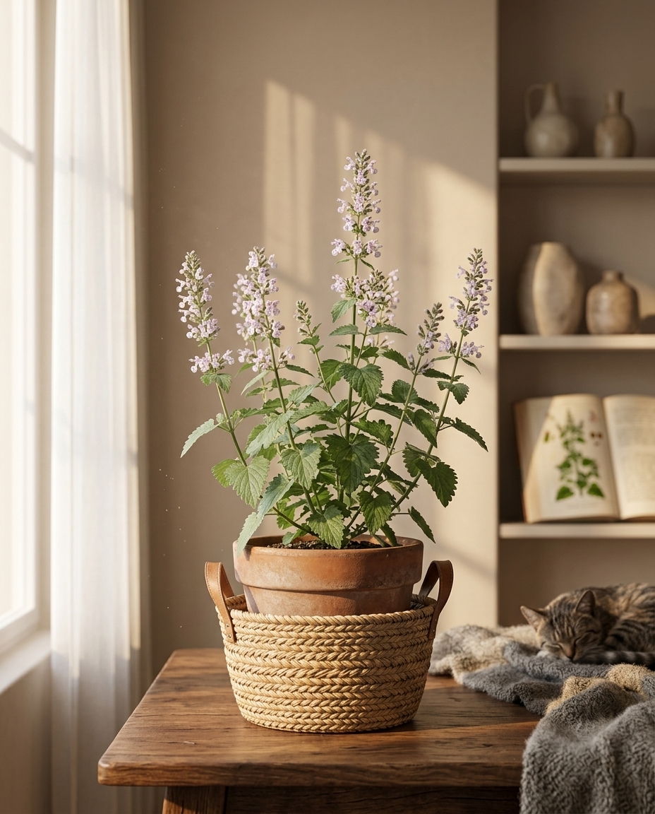 Catnip in a sunlit Japandi interior — Nepeta cataria potted on a warm wooden table
