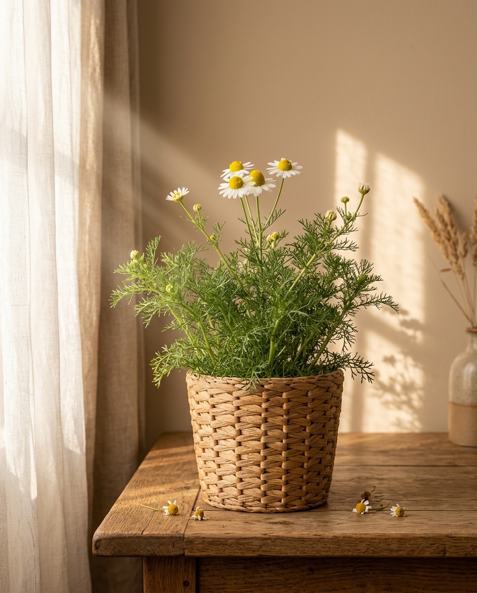 Chamomile photographed in a sunlit kitchen herb garden in a terracotta pot