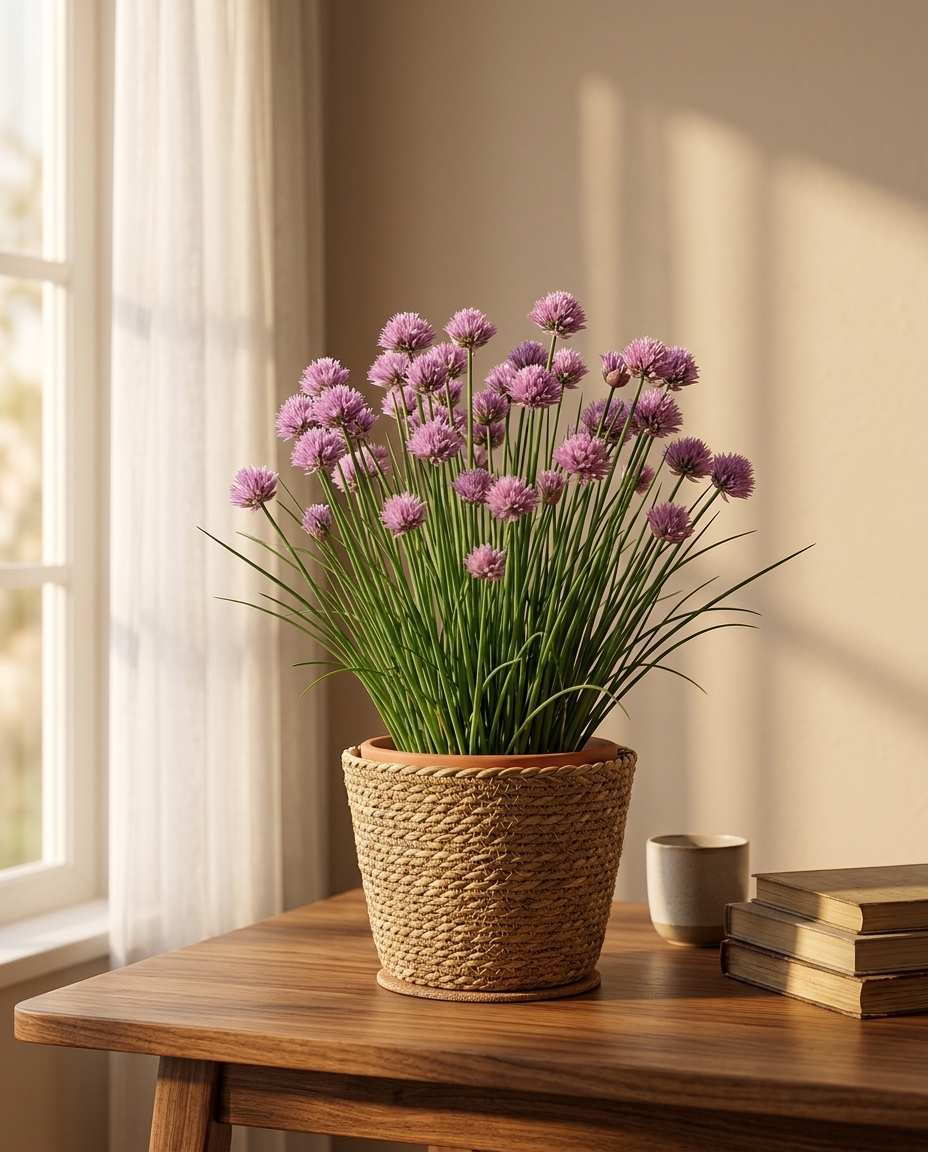 Chives photographed in a sunlit interior in a small herb pot on a kitchen windowsill
